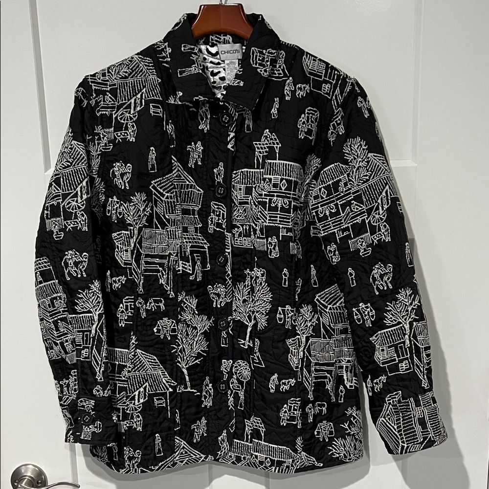 Chicos Pagoda Asian Black White Silk Blend Reversible Embroidered Jacket Sz 2/L